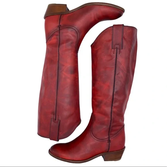 NEW Frye Carson Leather Pull On Heeled Tall Riding Boot in Crimson Red Size 6 - Picture 2 of 12